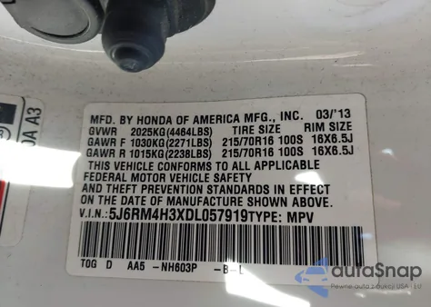 2013 Honda Cr-V Lx z USA, uszkodzony, nr VIN 5J6RM4H3XDL057919